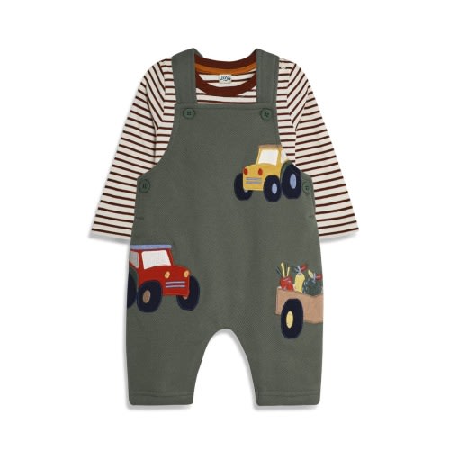 Stripe Long Sleeve Cotton T-Shirt & Tractor Appliqué Overalls Set