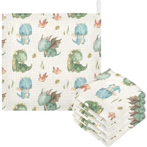 Burbuja Watercolor Dragon Baby Washcloths - Muslin Cotton Soft Absorbent Baby Towel for Newborn Baby Sensitive Skin - Baby Essential Item, 12x12 in, 5 Pack