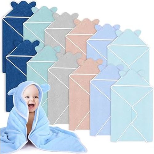 Peryiter 12 Pcs Cute Hooded Baby Towels Cozy Absorbent Baby Bath Towels Coral Fleece Toddler Towels Hooded Bath Blanket with Soft Ears for Newborn Boy Toddler Girl Kids Shower Gift (Blue Series)