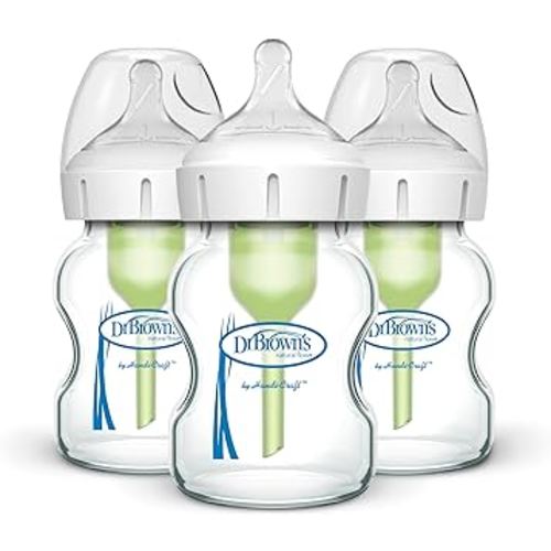 Dr. Brown's Natural Flow Anti-Colic Options+ Wide-Neck Glass Baby Bottles 5 oz/150 mL, with Level 1 Slow Flow Nipple, 3 Pack, 0m+