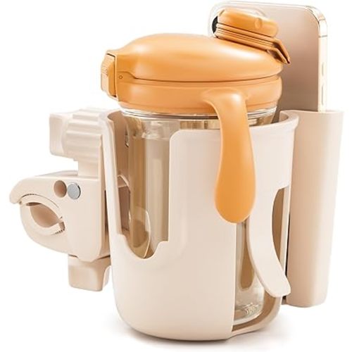 Li & Zhao Universal Stroller Cup Holder - 2-in-1 Wheelchair Cup Holder Adjustable Bike Drink Holder with Phone Holder Accessories for Rollator,Bike,Scooter,Walker(Beige)