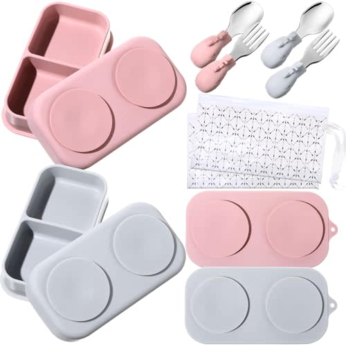 Uiifan 2 Pack Baby Suction Plate Set Silicone Suction Plate with Lid Divided Bowls for Portable Toddler Utensils Compact for Self Feeding Baby Travel Essential(Gray, Pink)