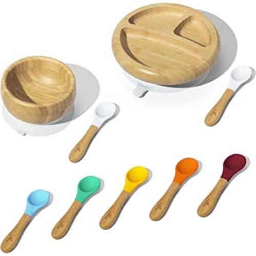 Avanchy Baby Divided Bamboo Plate, Bowl & Spoons Set - Baby Cutlery - Bamboo Kids Bowl - BPA-Free Bowl - Bamboo Kids Utensils - Baby Divided Plate, Bowl, and Spoons Set, White