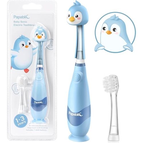 Papablic Toddler Sonic Electric Toothbrush for Ages 1-3 Years, Baby Electric Toothbrush with Cute Penguin Cover and Smart LED Timer, 2 Brush Heads (Pippin)