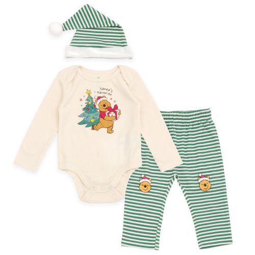 Disney Winnie the Pooh Christmas Newborn Baby Boys Bodysuit, Pants and Velour Hat 3 Piece Outfit Set Cream Beige / Green 0-3 Months