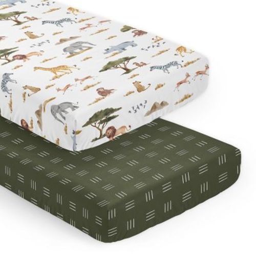 Sweet Jojo Designs Gender Neutral Unisex Fitted Crib Sheets Set Jungle Yellow Green Rust Orange 2pc