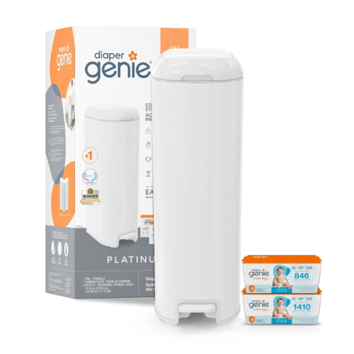 Diaper Genie Platinum Pail Gift Set, Lily White, Made of Durable Stainless Steel and Includes 2 Easy Roll Refills with 48 Bags.