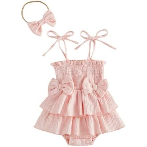 Thorn Tree Baby Girl Summer Clothes Newborn Outfit Ruffle Romper Infant Baby Dress Bow Headband Solid Cute Outfits Girls