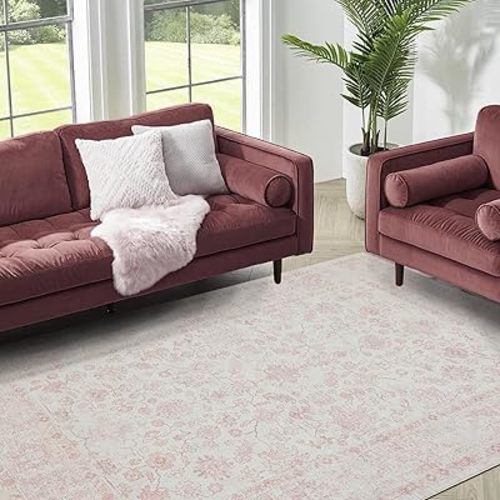 Area Rug for Living Room Vintage Soft Rugs for Bedroom, Non Slip Stain Resistant Dining Room Mat Carpet for Department Entryway Kitchen (Pink, 5' x 7')
