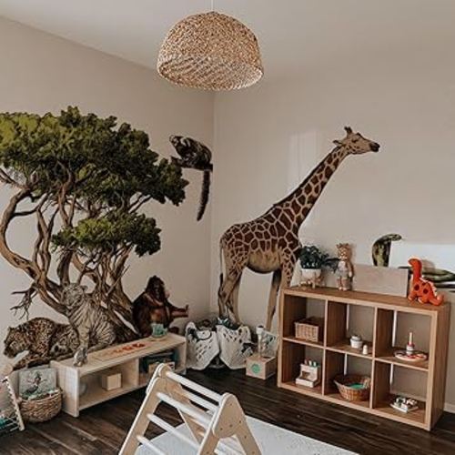 Extra Huge Safari Animals Wall Mural Sticker Peel and Stick, Textured Vinyl Monkey Wallpaper Jungle Wall Decal, Nursery Safari Animals Wall Art Decor for Boys Bedroom Playroom Kids Room