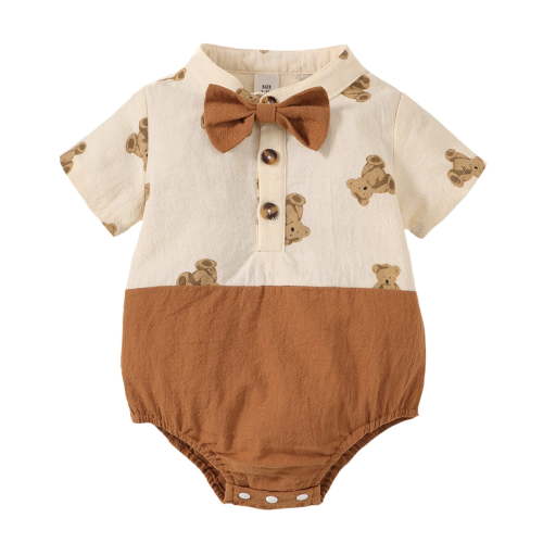 Infant Baby Boys Clothes Baby Boys One-piece Romper Bodysuit 3-6 Months Baby Boys Short Sleeve Bear Print Romper Bodysuit Khaki