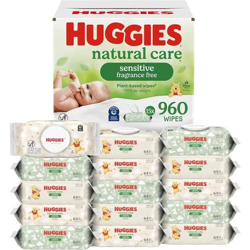 Huggies Natural Care Sensitive Baby Wipes, Unscented, Hypoallergenic, 99% Purified Water, 15 Flip-Top Packs (960 Wipes Total)