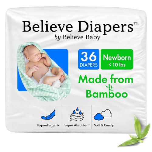 Believe Diapers Size Newborn (<10Lbs) Viscose Bamboo Diapers 36 Count – Natural Baby Diaper, Chemical Free and Fragrance Free Natural Diaper for Sensitive Skin, Super Absorbent with Leak Protection