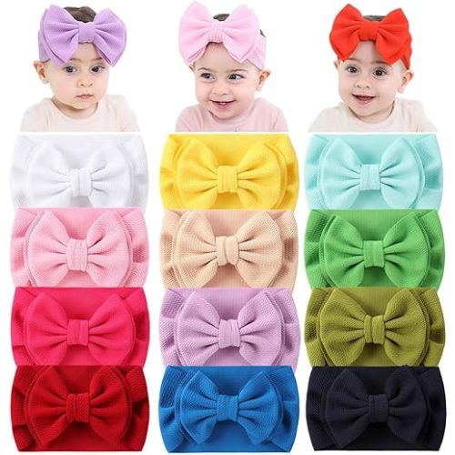 Cinaci 12 Pack Stretchy Elastic Wide Nylon Headbands with Solid Knot Big Hair Bow Headwraps Large Oversized Hair Bows Accessories for Baby Girls Infants Toddlers Kids