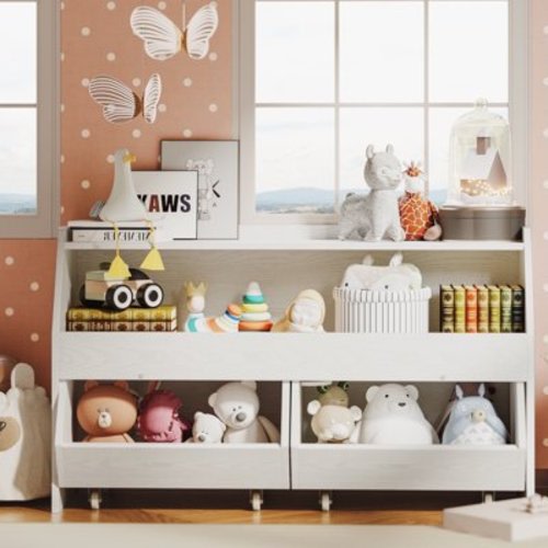 ABOVOBA Toy Storage Organizer for Kids,Two Drawers with Movable Wheels,Children's Bookcase Toy Chest for Bedroom Living Room-White