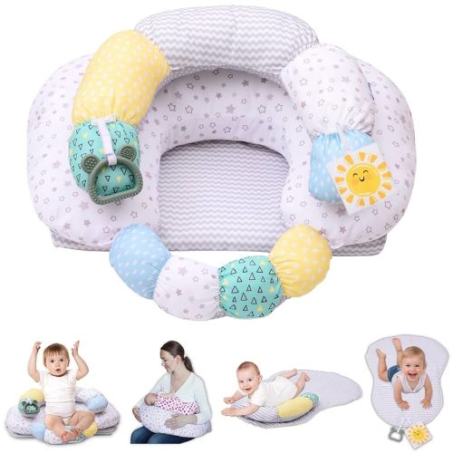 4-in-1 Tummy Time & Nursing Pillow with High, Firm, Large Area, Detachable Seated Support Cushion, Removable and Machine Washable Slipcovers, Baby Play Mat and Toys 0-24 Months