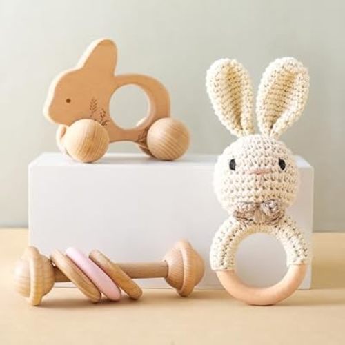 let's make Wooden Baby Rattle 3 PCS Push Car Rattle Set Crochet Rattle Ring Wooden Montessori Toy for Newborn Infant Baby Gifts (Rabbit Rattle)