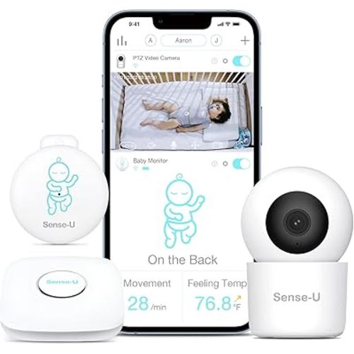 Sense-U Smart Baby Monitor +2K PTZ Camera - Tracks Abdominal Movement, Rollover, Temp, 2K Video, Audio, Motion, with Realtime Alert, Pan-Tilt-Zoom, Night Vision FSA/HSA Eligible