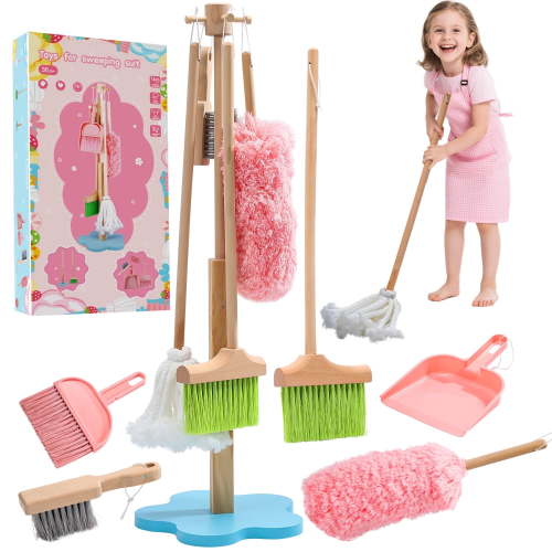 JoyStone 6 Pcs Wooden Toddler Cleaning Set, Pretend Play Household Cleaning Tools Gifts for Kids Age 3-6, Includes Broom, Mop, Duster and Dustpan, Safe & Durable