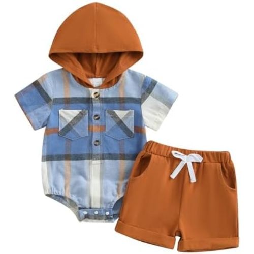 Douhoow Baby Boy Summer Outfits Plaid Short Sleeve Baby Hooded Romper Baby Shorts 2 Pcs Toddler Boys Clothes