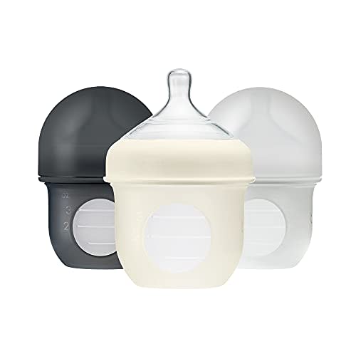 Boon Nursh Reusable Silicone Pouch Baby Bottles - Slow Flow Nipple - Silicone Baby Bottle Pouch and Nipple - Baby Feeding Essentials - Gray - 0-3 Months - 3 Count - 4 Ounce