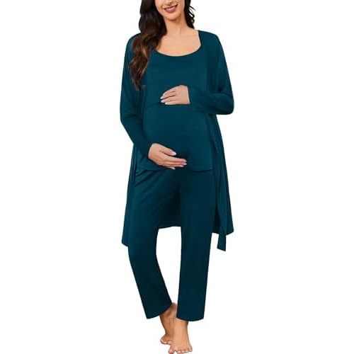 SWOMOG Maternity Nursing Robe Set 3 PCS Postpartum Pajamas Breastfeeding Labor Delivery with Robe & Camisole & Pants