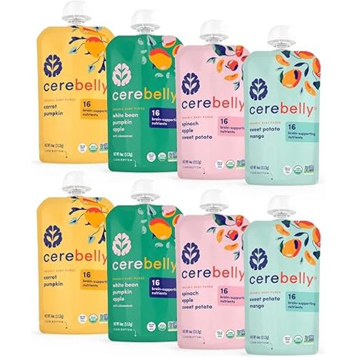 Cerebelly Baby Food Pouches Variety Pack – Organic Veggie Purees for Toddlers | No Added Sugar, Fiber, Non-GMO | Blended Toddler Pouches | 4 Ounce BPA-Free Pouch | 4 Flavors | 8 Count