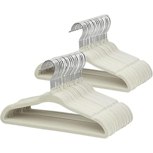ManGotree 10.95" Baby Velvet Hangers, Non-Slip Infant Coat Hangers, Ultra-Thin Toddler Felt Hanger with 360° Swivel Hook, Space Saving Children's Hanger for Kids Clothes, 48 Pack (Beige)