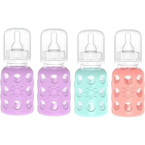 Lifefactory Glass Baby Bottles with Silicone Protection - 4-PACK, 4 oz Each Bottle (2- Lavender, 1- Mint & 1- Cantaloupe)
