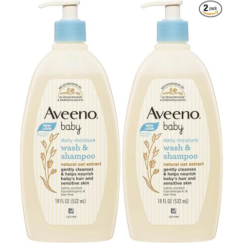 Aveeno Baby Daily Moisture Lightly Scented Sensitive Wash & Shampoo 532mL|Gentle for Newborns and Babies with Sensitive Skin| Use as Baby Shampoo and Baby Bath Wash (Pack of 2)