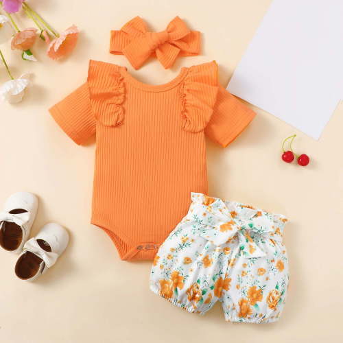 Kayannuo Baby Girl Clothes Short Sleeve summer Newborn Baby Girl Clothes Infant Outfits Ruffle Sleeve Romper Bodysuit Floral Pants Toddler Girl Outfits