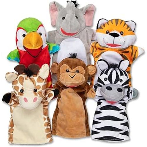 Melissa & Doug Safari Buddies Hand Puppets, Set of 6 (Elephant, Tiger, Parrot, Giraffe, Monkey, Zebra) Soft, Plush Puppet, Stuffed Animals, Pretend Play Toddler Toys for Girls & Boys 2+