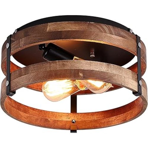 2-Light Rustic Flush Mount Light Fixture Oak Wood Round Drum Semi Flush Mount Ceiling Light for Hallway Bedroom Kitchen Entryway Farmhouse, Black