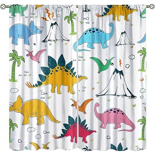 Kids Dinosaur Curtains for Baby Boys Cute Cartoon Dino Toddler Room Decor Nursery Colorful Safari Funny Animal Printed Bedroom Living Room Window Drapes Panels 42Wx45L Inch Decor