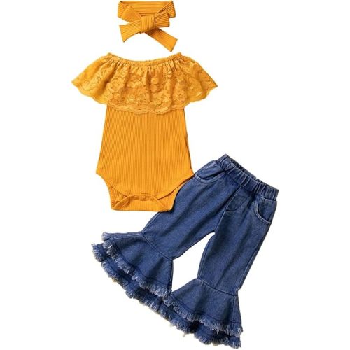 Newborn Infant Baby Girls Ruffle Sleeveless Ribbed Romper Tops Cute Bell Bottom Pants First Mothers (Yellow, 6-9 Months)