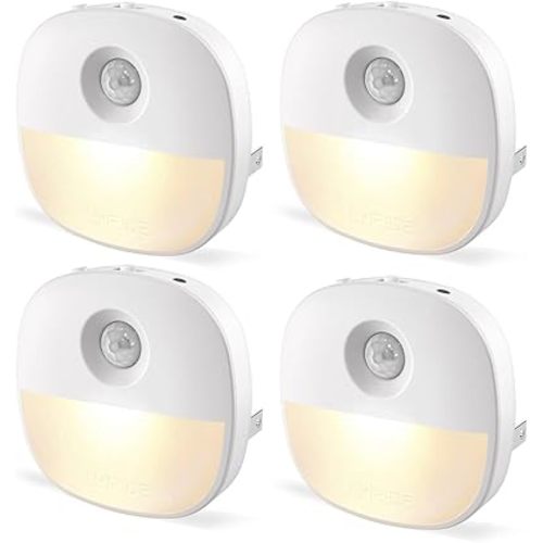 Lyridz Plug in Night Light with Motion Sensor and Dusk to Dawn Sensor, Dimmable Warm Nightlight with 1-50lm Adjustable Brightness Indoor for Bedroom, Bathroom, Stairs, Hallway, 4 Pack