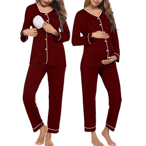 Ekouaer Maternity Pajama Set Button Down Nursing Pajamas Long Sleeve Breastfeeding Loungewear with Adjustable Pants