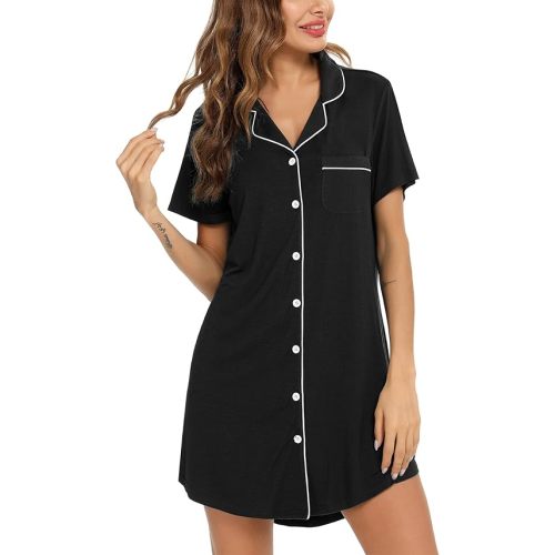 Pjmlifecoco Nightgown for Women Button Down Sleepshirt Short/Long Sleeve Nightdress Soft Modal Sleepwear S-XXL