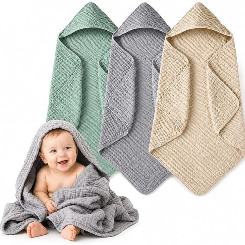 Momsnug 3-Pack Muslin Hooded Baby Towels, 100% Cotton, Ultra-Soft & Absorbent Baby Bath Towels with Hood for Babies, Infant, Toddler and Newbron(Green + Grey + Apricot，35" X 35''