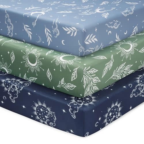 FIEMOL Baby Crib Sheets for Boys and Girls, 3 Pack Fitted Toddler Bed Sheets Neutral for 52”x28” Standard Crib and Toddler Mattresses, Super Soft Microfiber Green Starry Sky