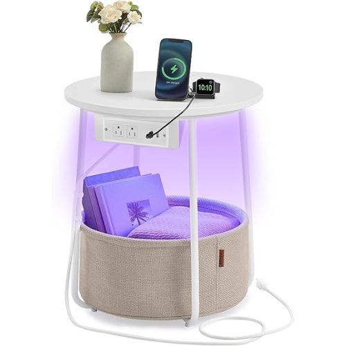 VASAGLE Side Table with Charging Station, Round End Table with Fabric Basket, LED Nightstand with Power Outlets, USB Ports, for Living Room, Bedroom, Modern, Matte White and Camel Brown ULET227W01