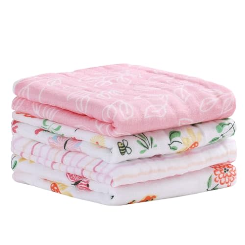 Viviland Baby Muslin Burp Cloths, Super Absorbent Washcloths for Baby Girl and Boy, 10 x 20 inches 6-Layer Baby Bath Towels, Flowers & Butterflies 4 Pack