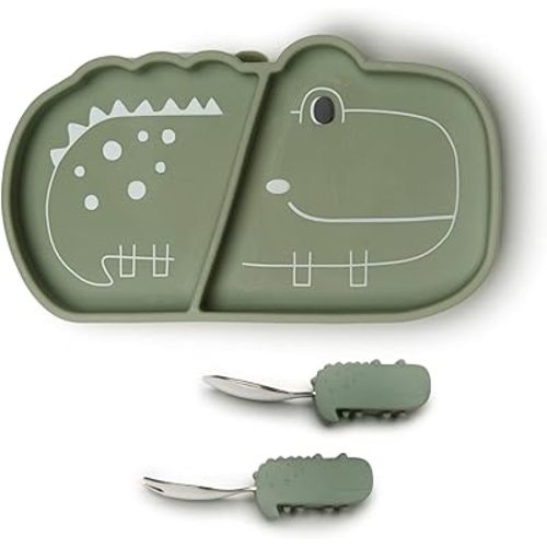 Loulou Lollipop Toddler Silicone Suction Snack Plate, Learning Fork and Spoon Set (Alligator)