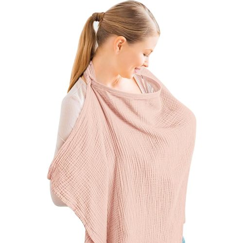 Konssy Muslin Nursing Cover for Baby Breastfeeding, Breathable 100% Cotton Breastfeeding Cover with Rigid Hoop for Mother Nursing Apron, Multi-use Carseat Canopy (Pink)