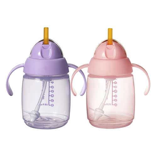 Tommee Tippee Starter Weighted Straw Baby & Toddler 8oz Sippy Cup for 6 Months+, with Silicone Weighted Straw and Easy-Hold Handles, BPA Free, Pink & Purple, Pack of 2 | Pack of 2, Silicone Weighted Straw, Easy-Hold Handles, Pink & Purple, BPA Free