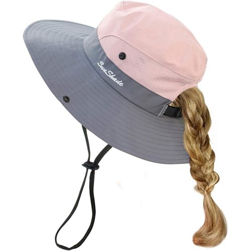 HGGE Kids Girls Sun Hat UV Protection Wide Brim Beach Cap with Ponytail Hole - One Size - Pink