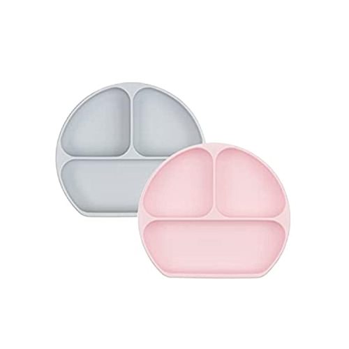 Bumkins Toddler and Baby Suction Plate, Silicone Divided Grip Dish for Babies and Kids, Baby Led Weaning, Children Feeding Supplies, Non Skid Bottom, Platinum Silicone, 6 Months Up, Gray and Pink - Gray, Pink-GD - 3-Section