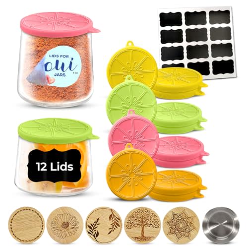 12 Pieces 100% Food-Grade Silicone Lids for Yoplait Oui, Nounos, La Fermiere, or Weck Jars (Small) | Excellent Leak-Proof, Air-Tight, Reusable Yogurt Jar Lids With 12 Reusable Labels