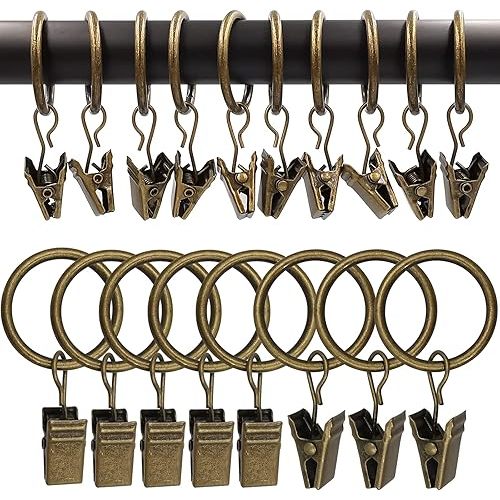 AMZSEVEN 100 Pack Metal Curtain Rings with Clips, Drapery Clips with Rings, Drapes Rings 1 in I D, Fits Diameter 6/8 in Curtain Rod, Vintage Bronze