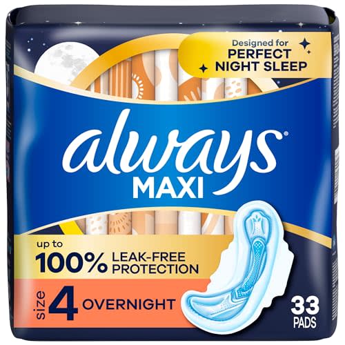 Always Maxi Overnight Pads with Wings for Women, Size 4, Overnight Absorbency, Unscented, 33 Count (Packaging May Vary)